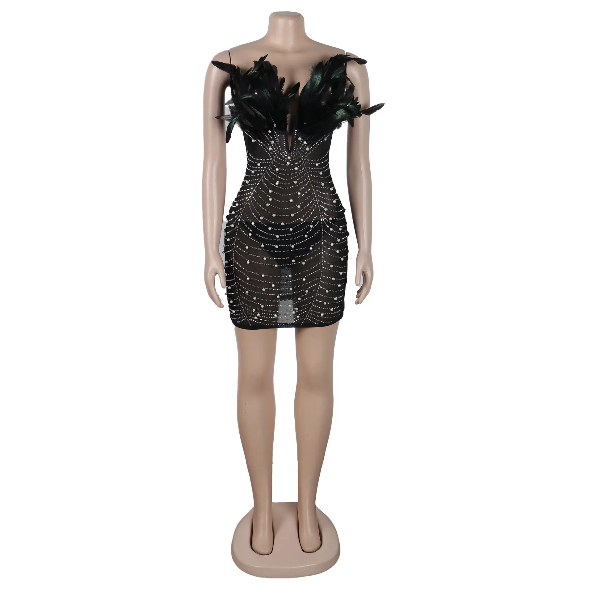 CM.YAYA Women Diamonds Hot Rhinestones Feather Mesh Strapless Plunging V-neck Bodycon Midi Dress 2023 Sexy Party Evening Dresses