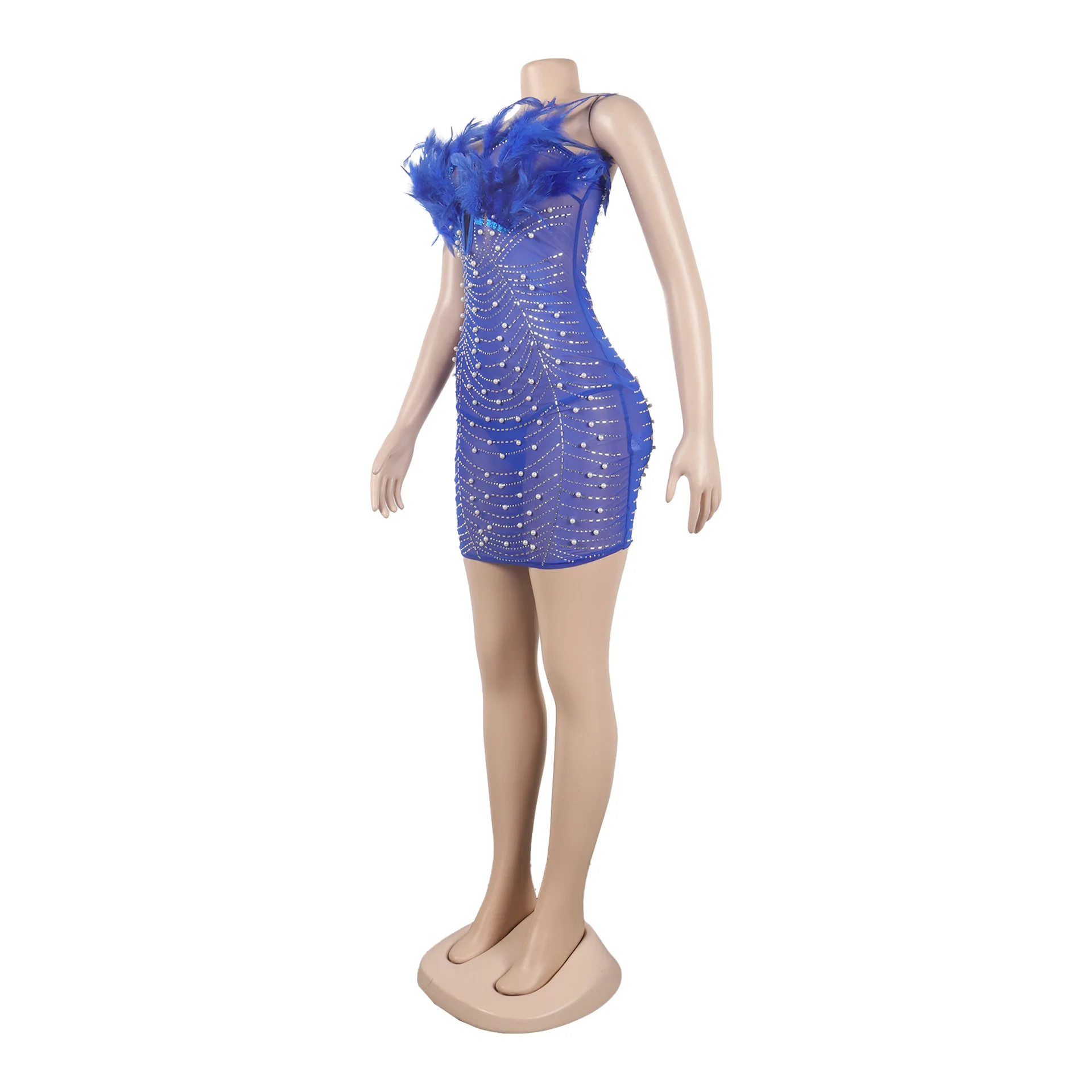 CM.YAYA Women Diamonds Hot Rhinestones Feather Mesh Strapless Plunging V-neck Bodycon Midi Dress 2023 Sexy Party Evening Dresses