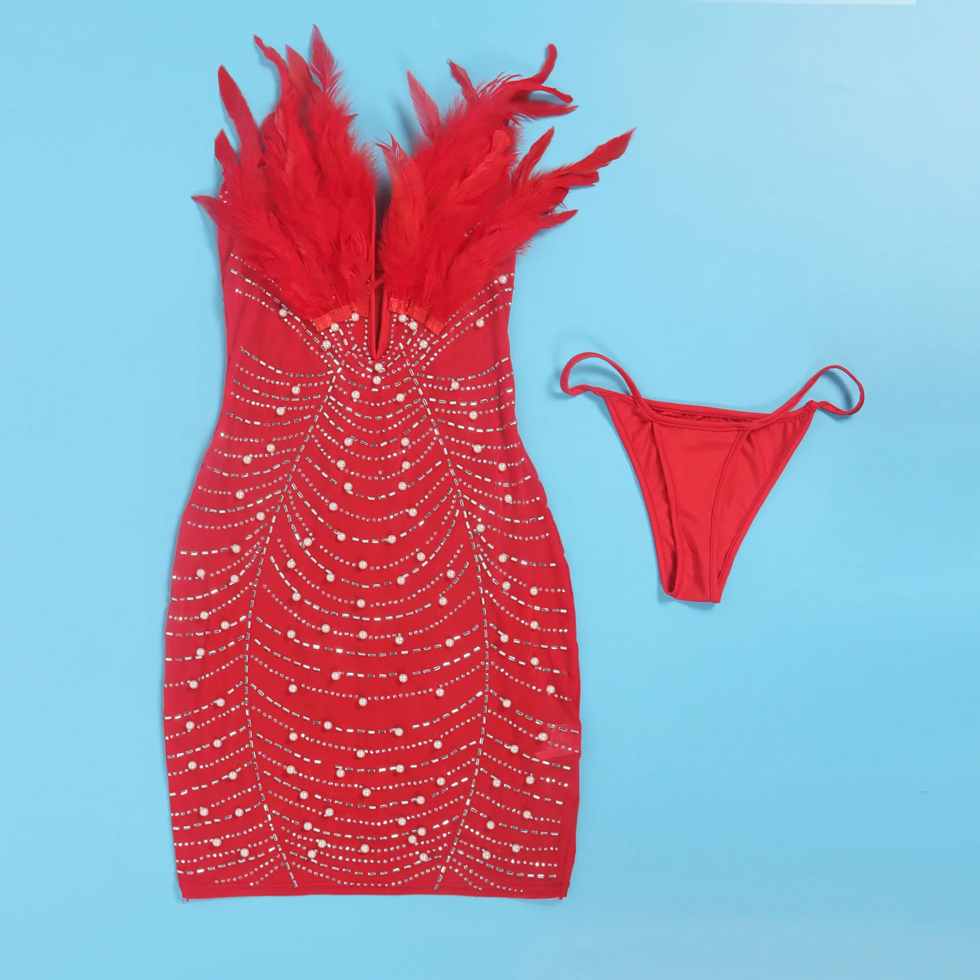 CM.YAYA Women Diamonds Hot Rhinestones Feather Mesh Strapless Plunging V-neck Bodycon Midi Dress 2023 Sexy Party Evening Dresses