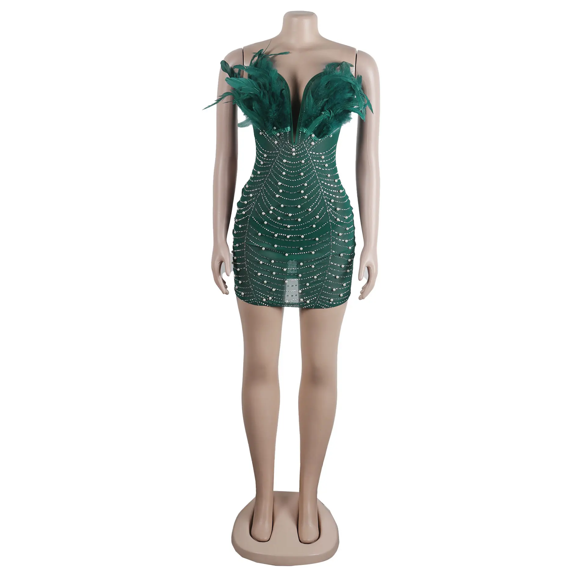 CM.YAYA Women Diamonds Hot Rhinestones Feather Mesh Strapless Plunging V-neck Bodycon Midi Dress 2023 Sexy Party Evening Dresses