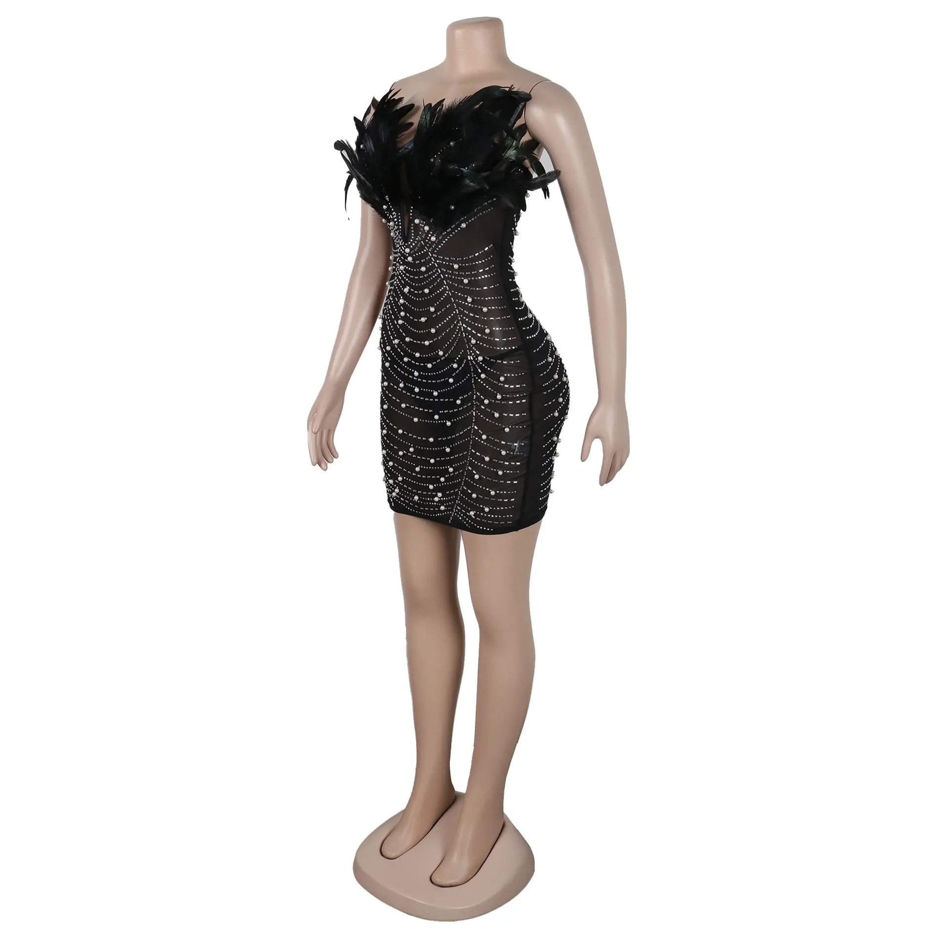 CM.YAYA Women Diamonds Hot Rhinestones Feather Mesh Strapless Plunging V-neck Bodycon Midi Dress 2023 Sexy Party Evening Dresses
