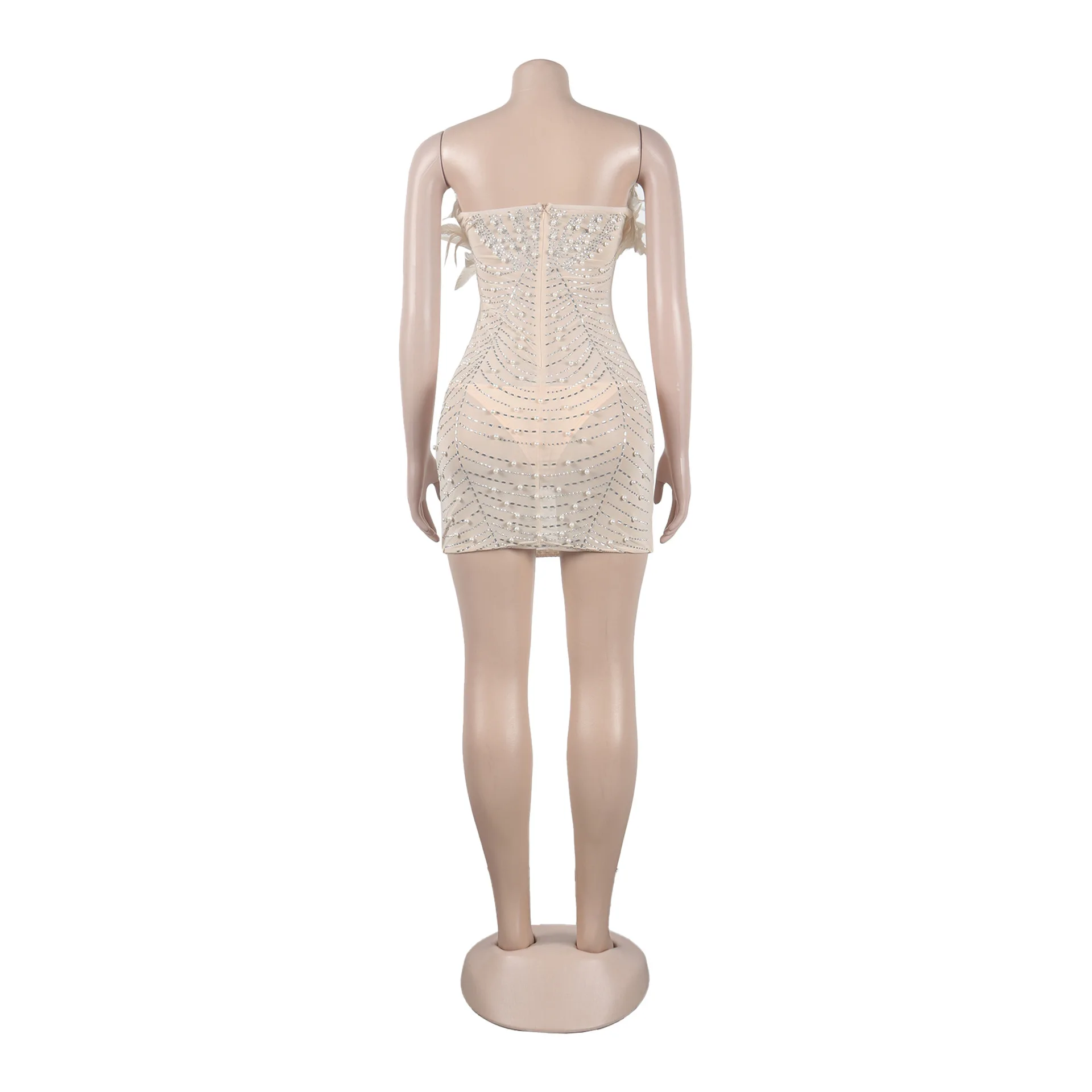 CM.YAYA Women Diamonds Hot Rhinestones Feather Mesh Strapless Plunging V-neck Bodycon Midi Dress 2023 Sexy Party Evening Dresses