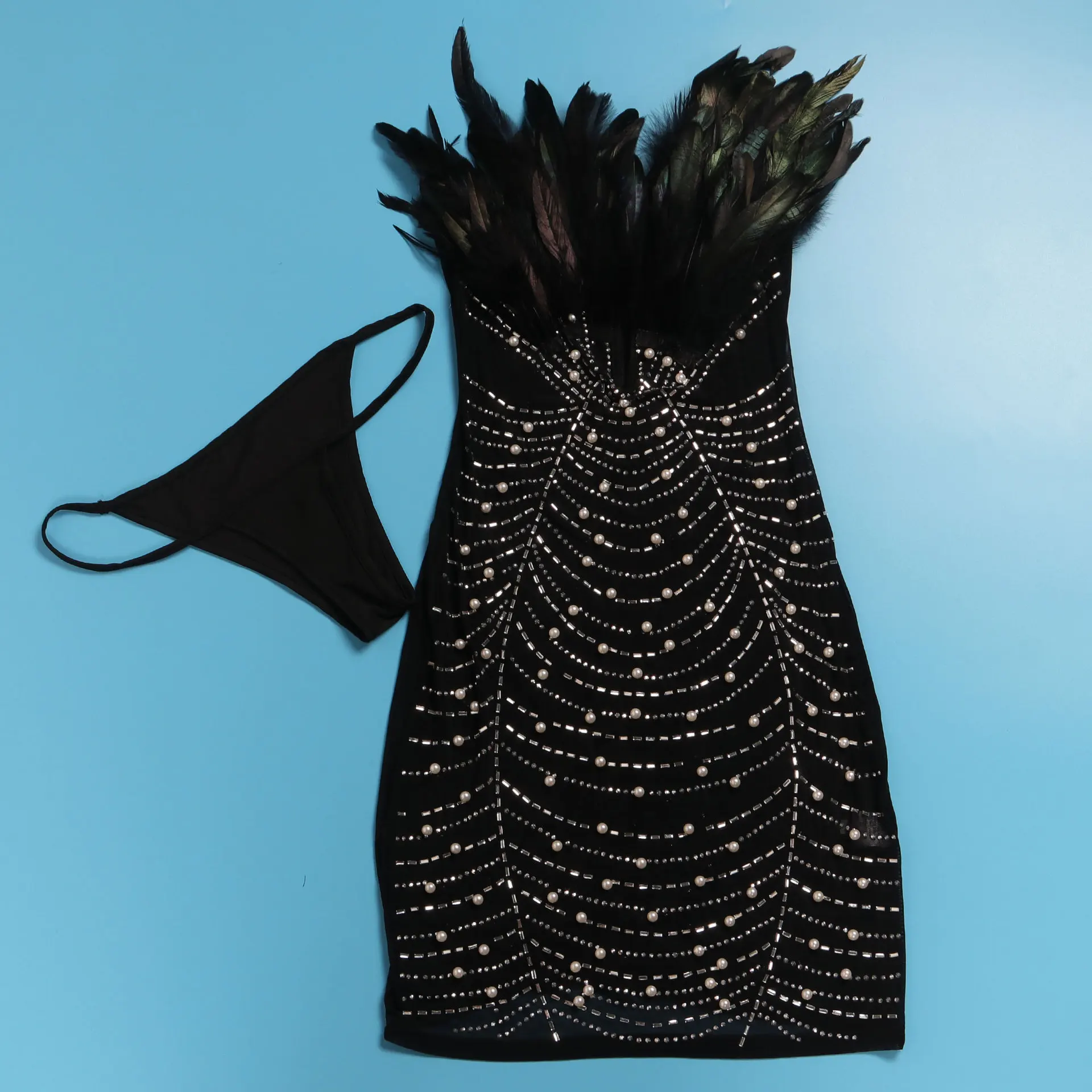 CM.YAYA Women Diamonds Hot Rhinestones Feather Mesh Strapless Plunging V-neck Bodycon Midi Dress 2023 Sexy Party Evening Dresses