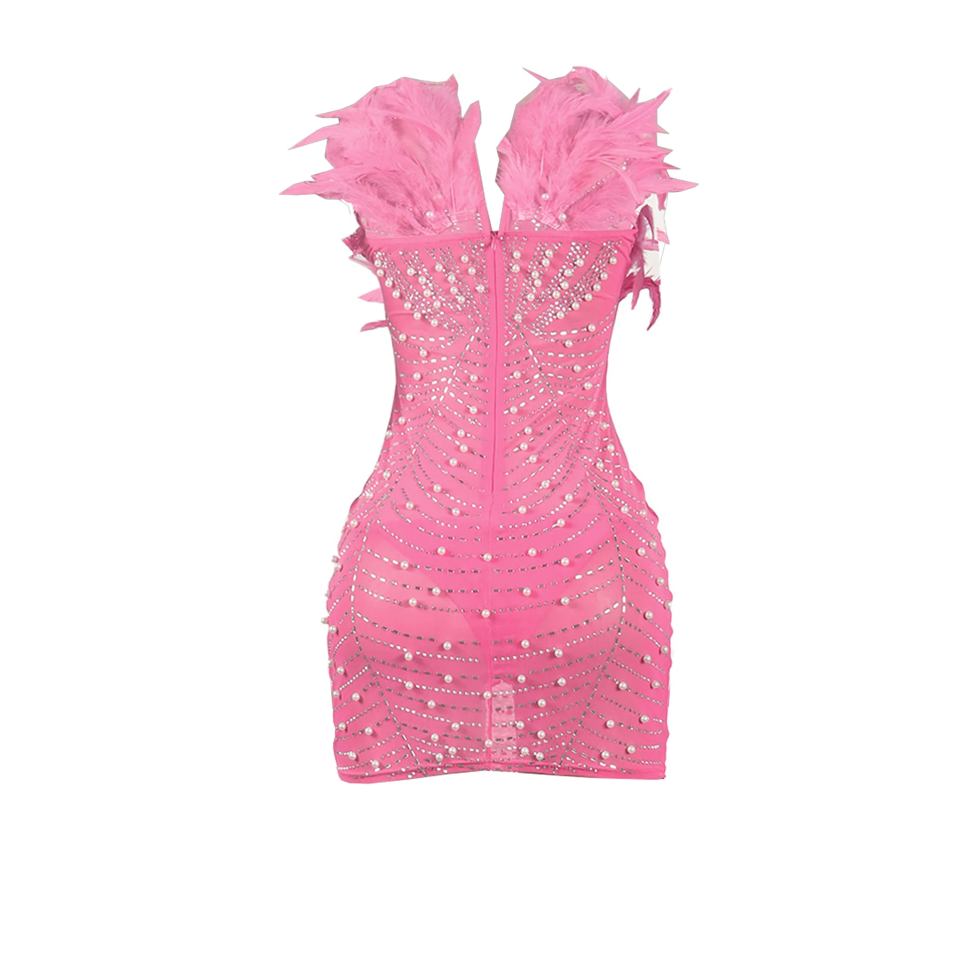 CM.YAYA Women Diamonds Hot Rhinestones Feather Mesh Strapless Plunging V-neck Bodycon Midi Dress 2023 Sexy Party Evening Dresses