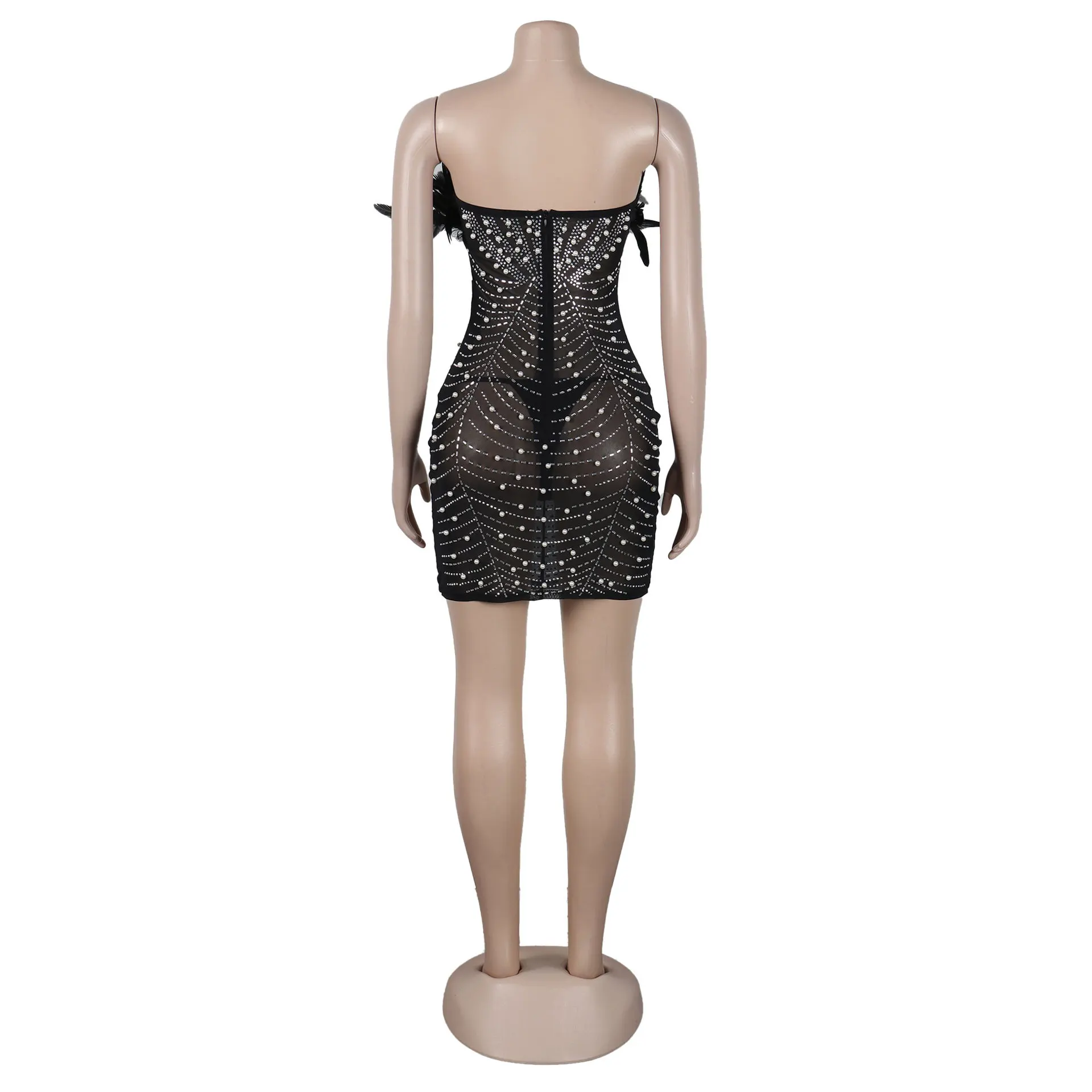 CM.YAYA Women Diamonds Hot Rhinestones Feather Mesh Strapless Plunging V-neck Bodycon Midi Dress 2023 Sexy Party Evening Dresses