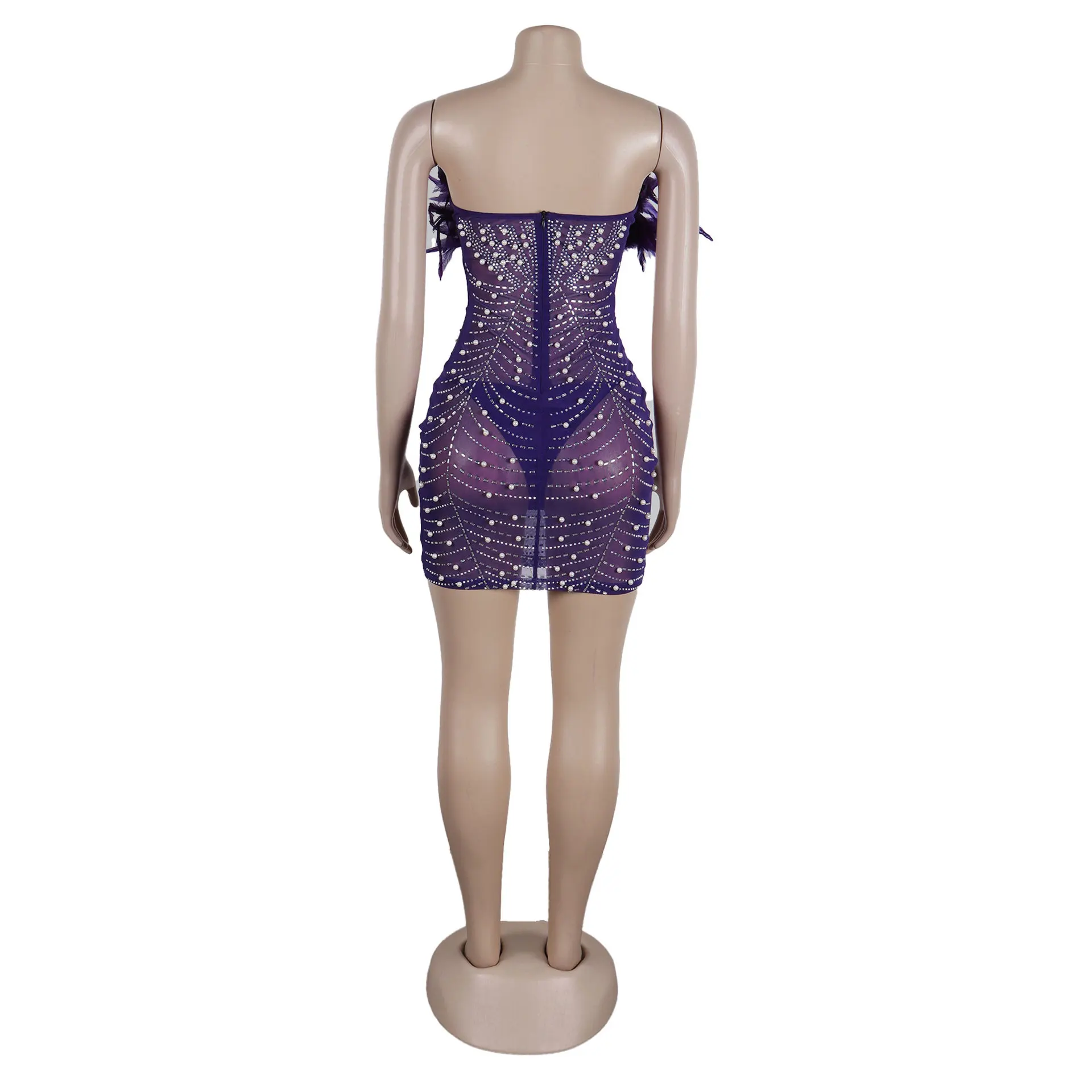 CM.YAYA Women Diamonds Hot Rhinestones Feather Mesh Strapless Plunging V-neck Bodycon Midi Dress 2023 Sexy Party Evening Dresses