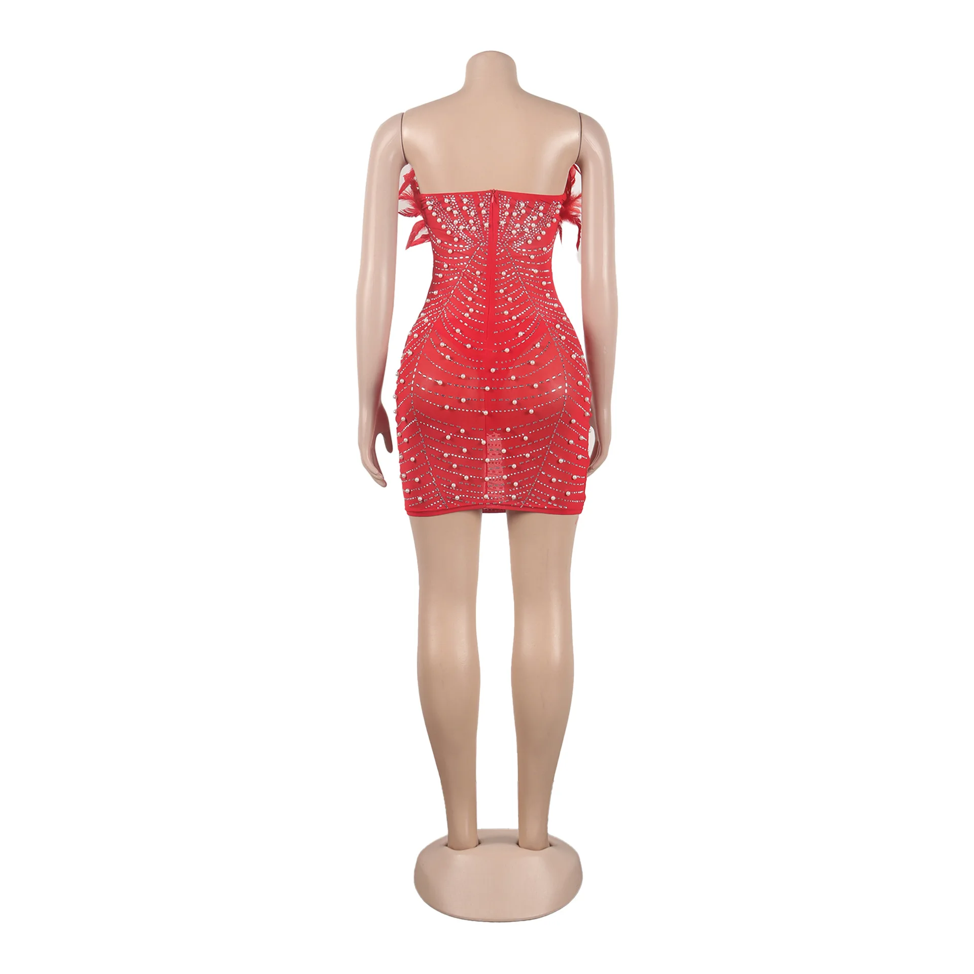 CM.YAYA Women Diamonds Hot Rhinestones Feather Mesh Strapless Plunging V-neck Bodycon Midi Dress 2023 Sexy Party Evening Dresses