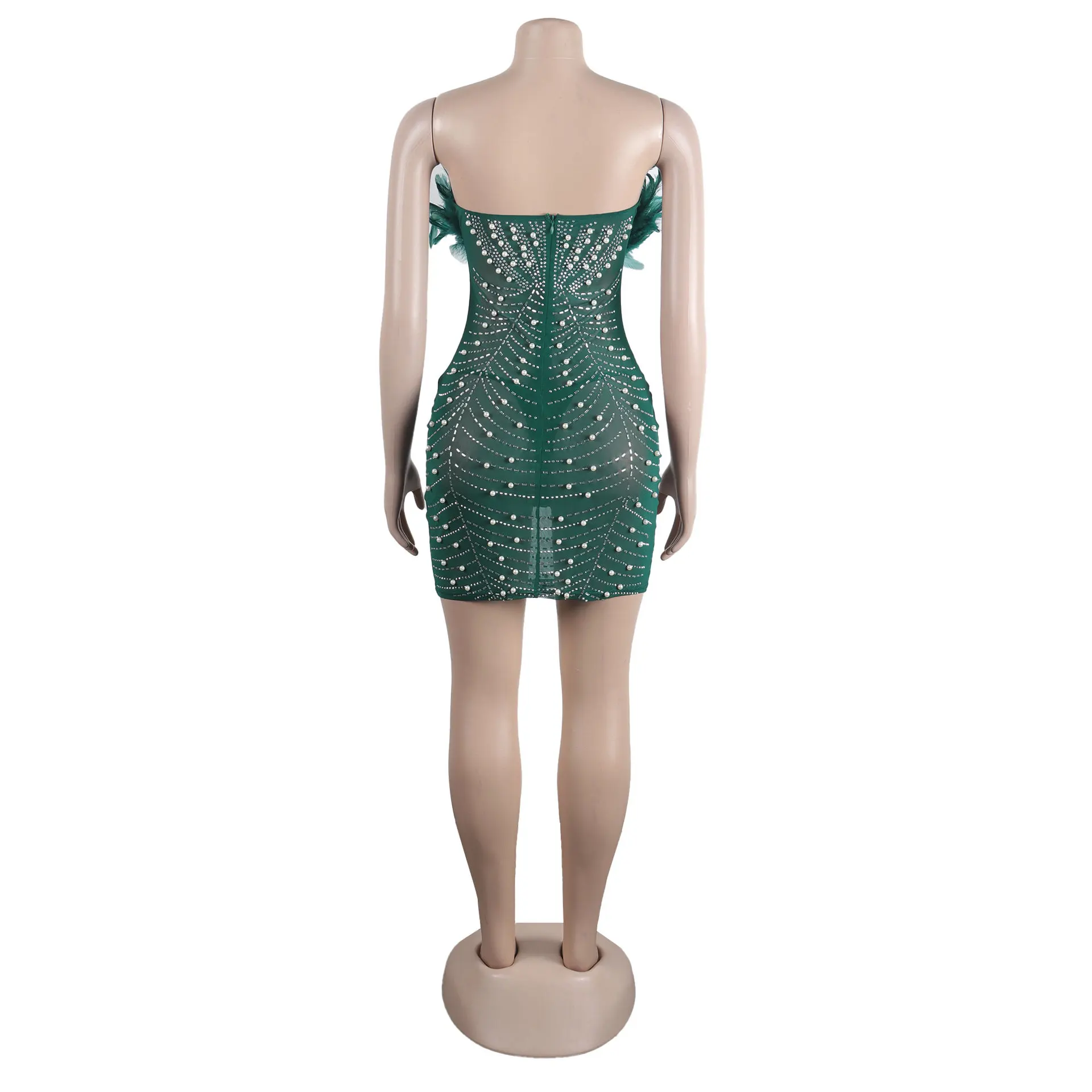 CM.YAYA Women Diamonds Hot Rhinestones Feather Mesh Strapless Plunging V-neck Bodycon Midi Dress 2023 Sexy Party Evening Dresses