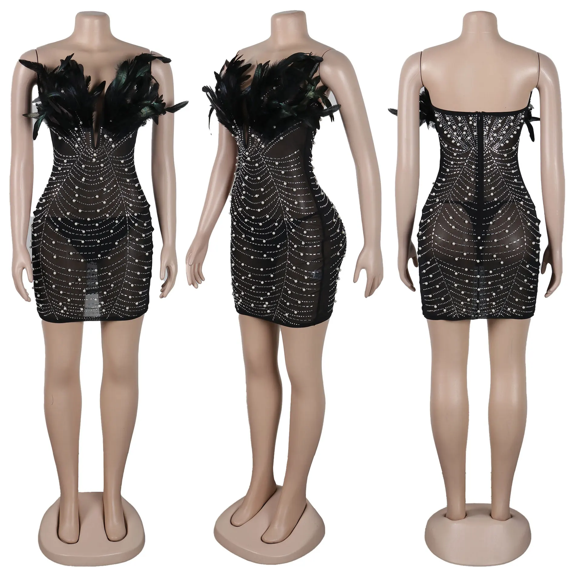 CM.YAYA Women Diamonds Hot Rhinestones Feather Mesh Strapless Plunging V-neck Bodycon Midi Dress 2023 Sexy Party Evening Dresses