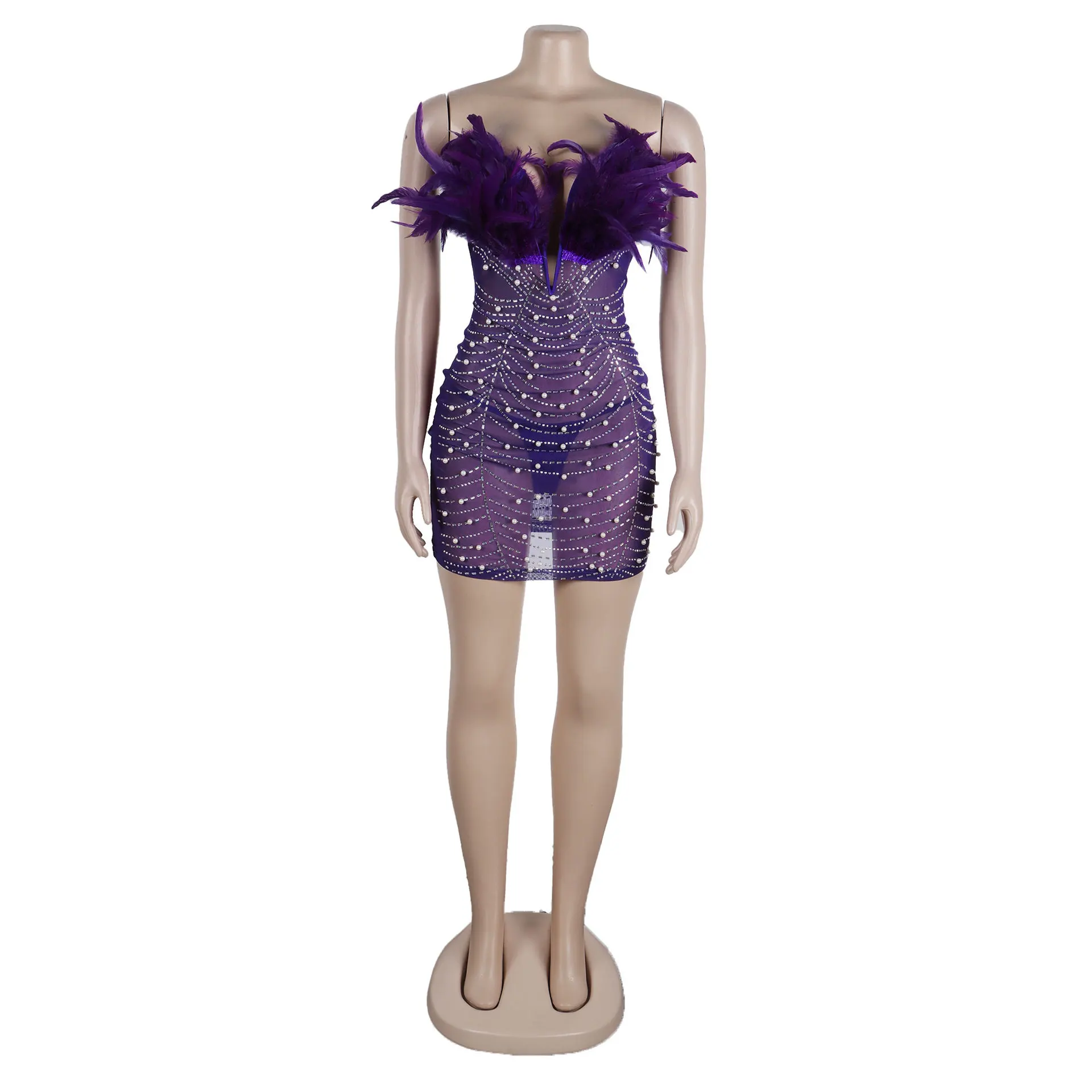 CM.YAYA Women Diamonds Hot Rhinestones Feather Mesh Strapless Plunging V-neck Bodycon Midi Dress 2023 Sexy Party Evening Dresses