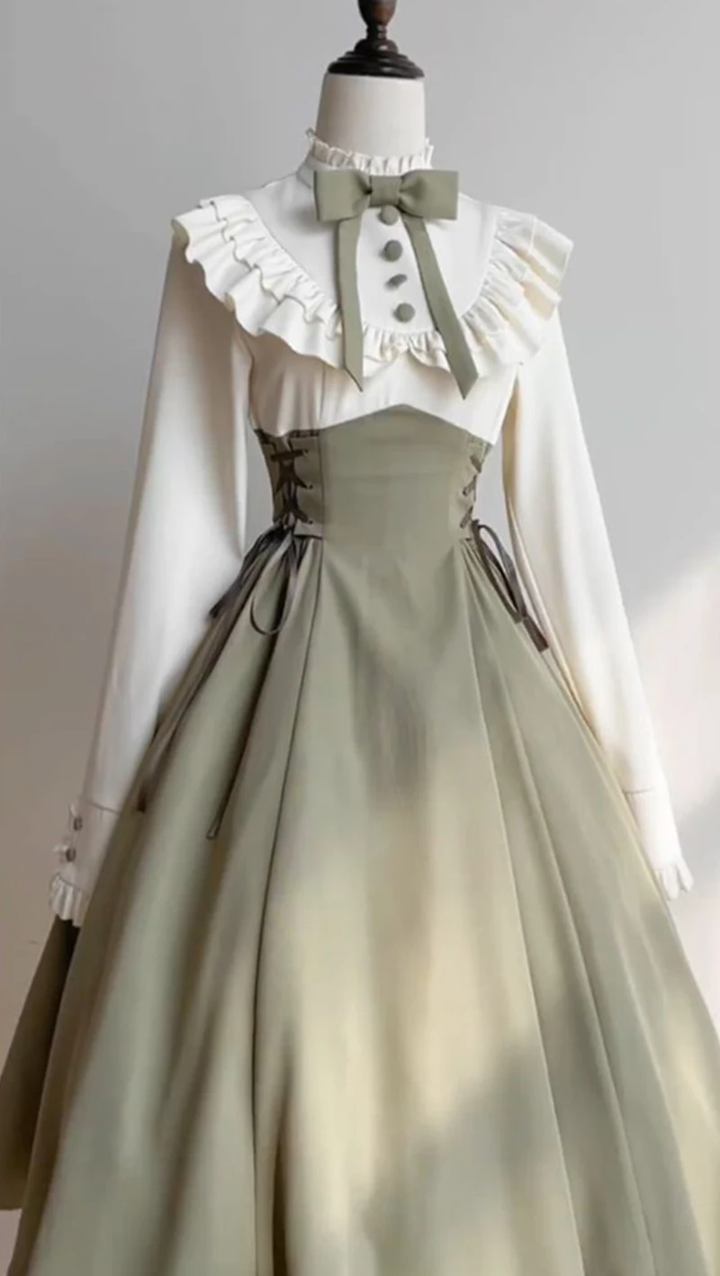 Vintage Bow Midi Dress Women Harajuku Lolita Ruffles Patchwork Bandage Dresses Elegant Stand Long Sleeve Bodycon A Line Vestidos