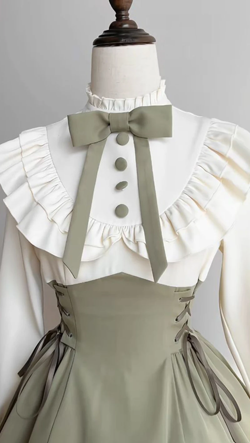 Vintage Bow Midi Dress Women Harajuku Lolita Ruffles Patchwork Bandage Dresses Elegant Stand Long Sleeve Bodycon A Line Vestidos