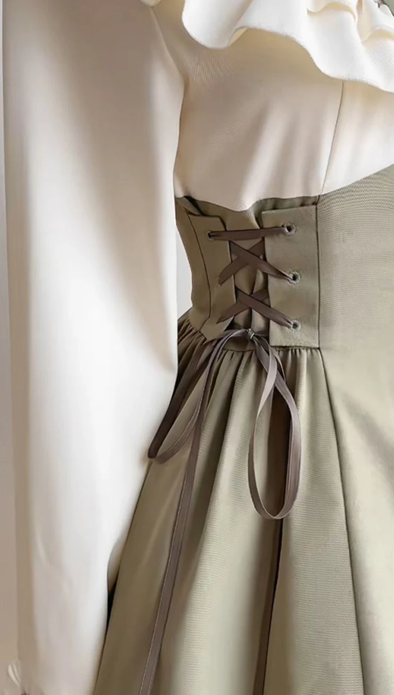 Vintage Bow Midi Dress Women Harajuku Lolita Ruffles Patchwork Bandage Dresses Elegant Stand Long Sleeve Bodycon A Line Vestidos