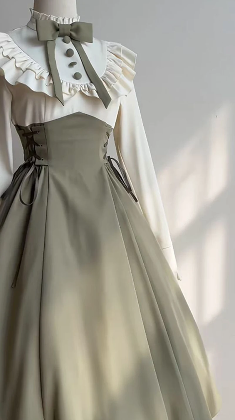 Vintage Bow Midi Dress Women Harajuku Lolita Ruffles Patchwork Bandage Dresses Elegant Stand Long Sleeve Bodycon A Line Vestidos