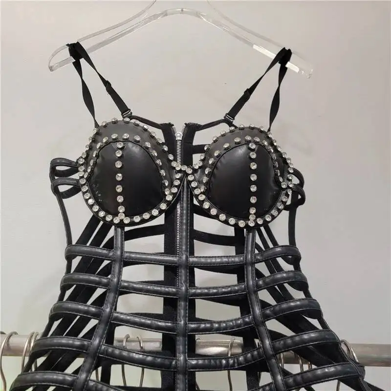 DEAT 2025 New Style Fashion Hollow Out Leather Dress For Women Heavy Industry Strapless Slim Fit Short Dresses Female 11A07880