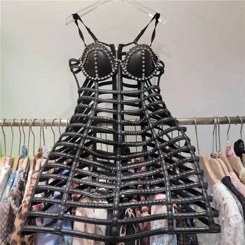 DEAT 2025 New Style Fashion Hollow Out Leather Dress For Women Heavy Industry Strapless Slim Fit Short Dresses Female 11A07880