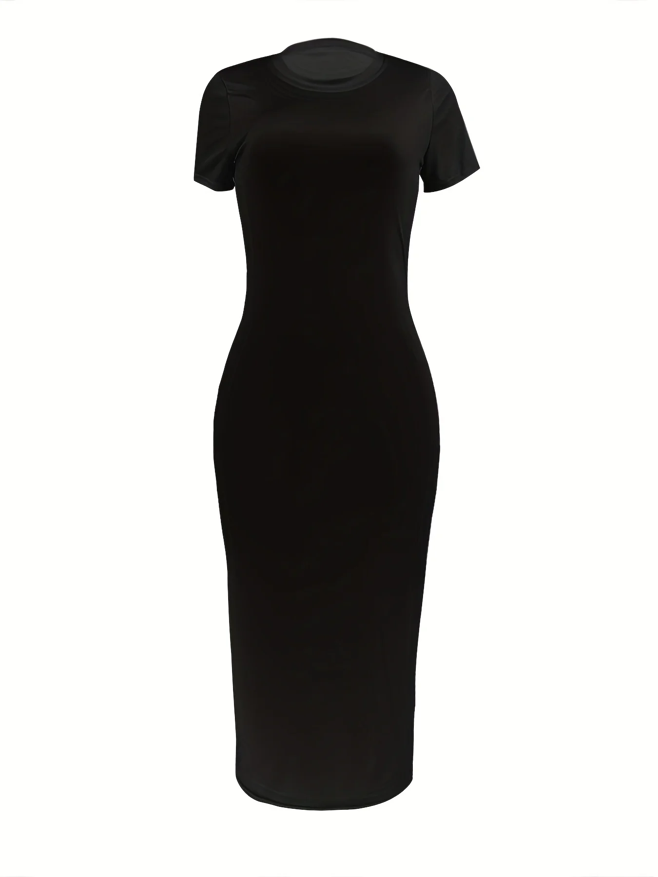 Women's Summer Casual Fashion Slim Fit Sexy Solid Color Round Neck Short Sleeved Long Dress Black Plus Size XS-5XL