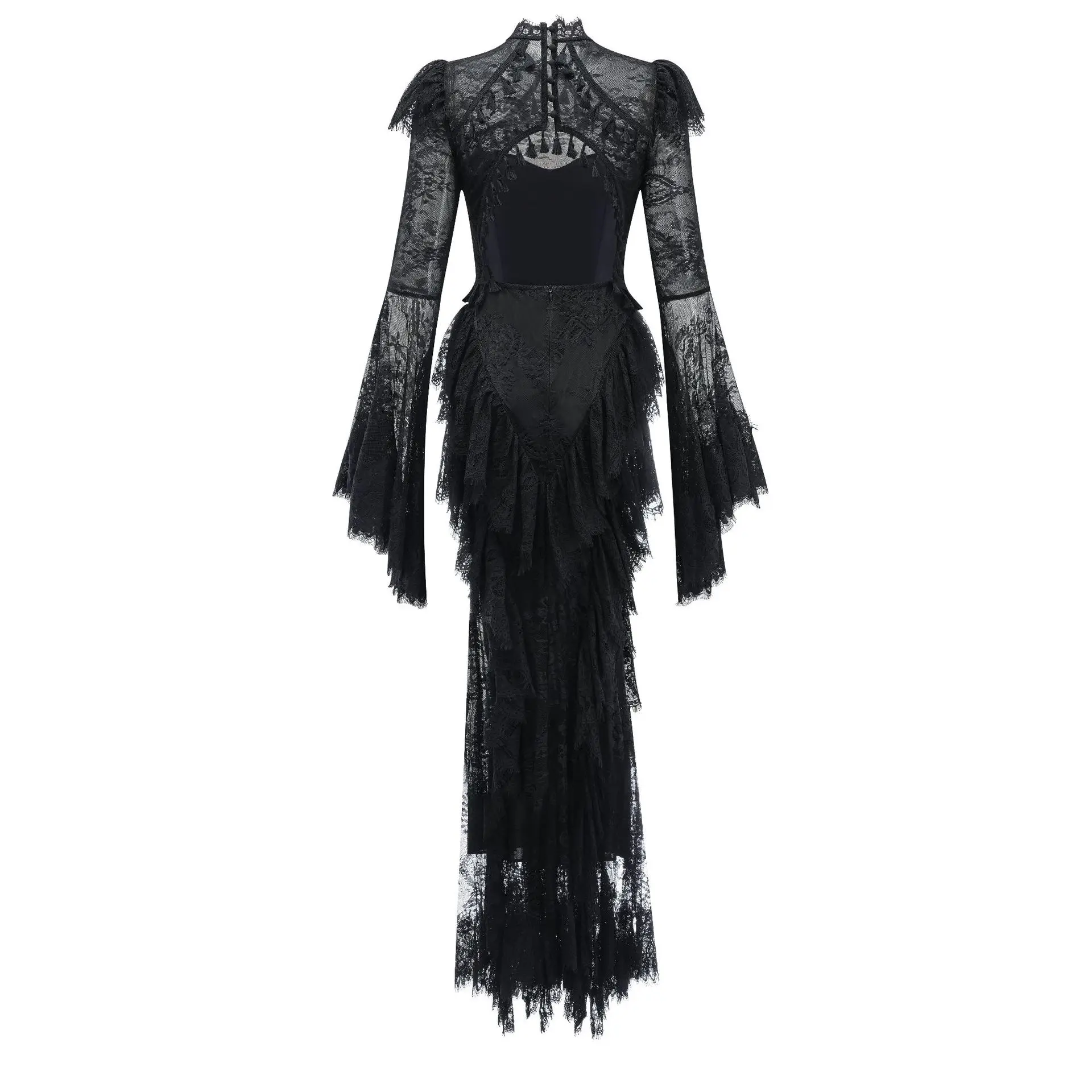 IEQJ Summer Stand Collar Lace Tassel Hollow Out Flare Sleeve Dress Women Boned Waist Tiered Mermaid Dresses New 3A2709