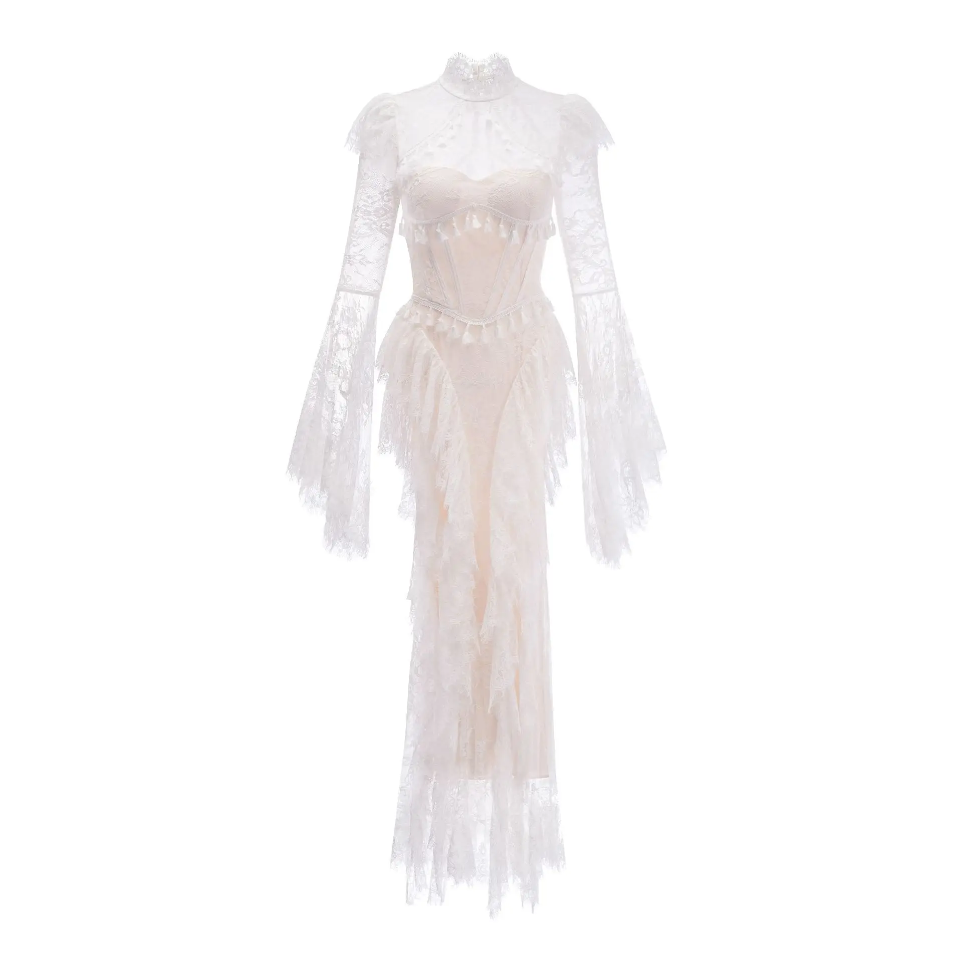 IEQJ Summer Stand Collar Lace Tassel Hollow Out Flare Sleeve Dress Women Boned Waist Tiered Mermaid Dresses New 3A2709