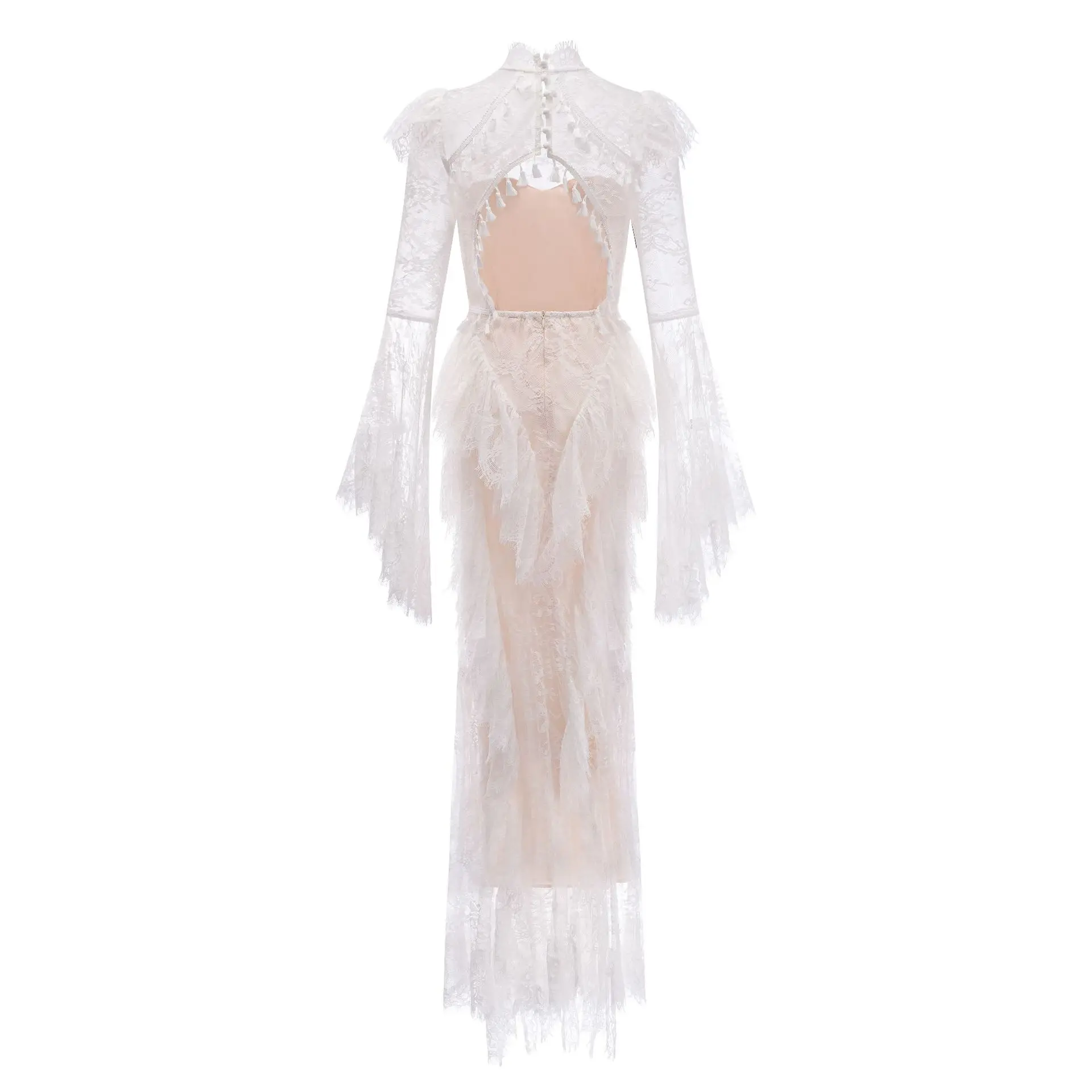 IEQJ Summer Stand Collar Lace Tassel Hollow Out Flare Sleeve Dress Women Boned Waist Tiered Mermaid Dresses New 3A2709