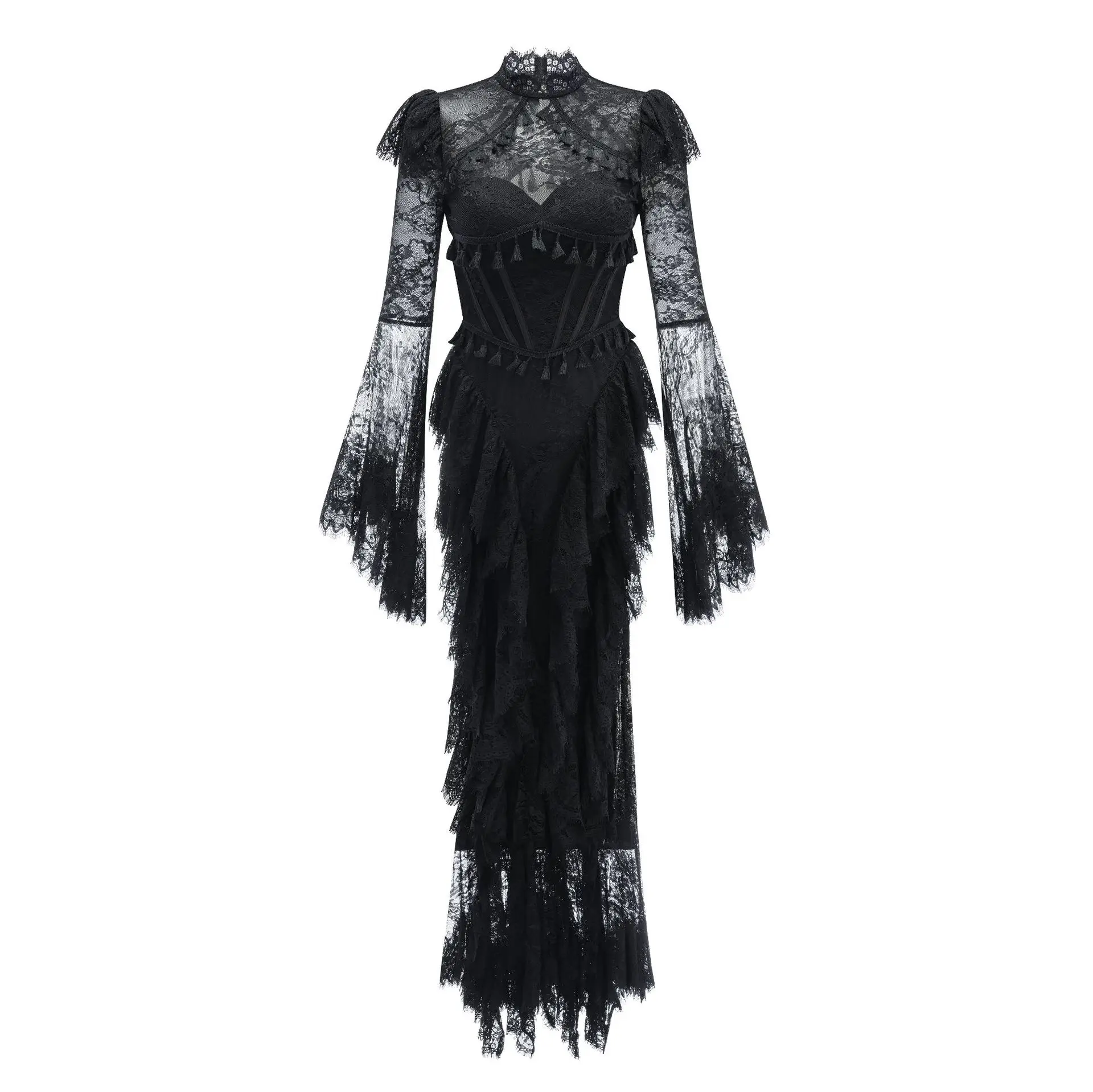 IEQJ Summer Stand Collar Lace Tassel Hollow Out Flare Sleeve Dress Women Boned Waist Tiered Mermaid Dresses New 3A2709