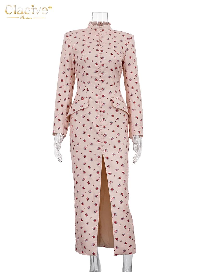 Clacive Fashion Slim Print Women's Dress 2026 Vintage Stand Collar Long Sleeve Midi Dresses Elegant Classic Slit Femlae Dress