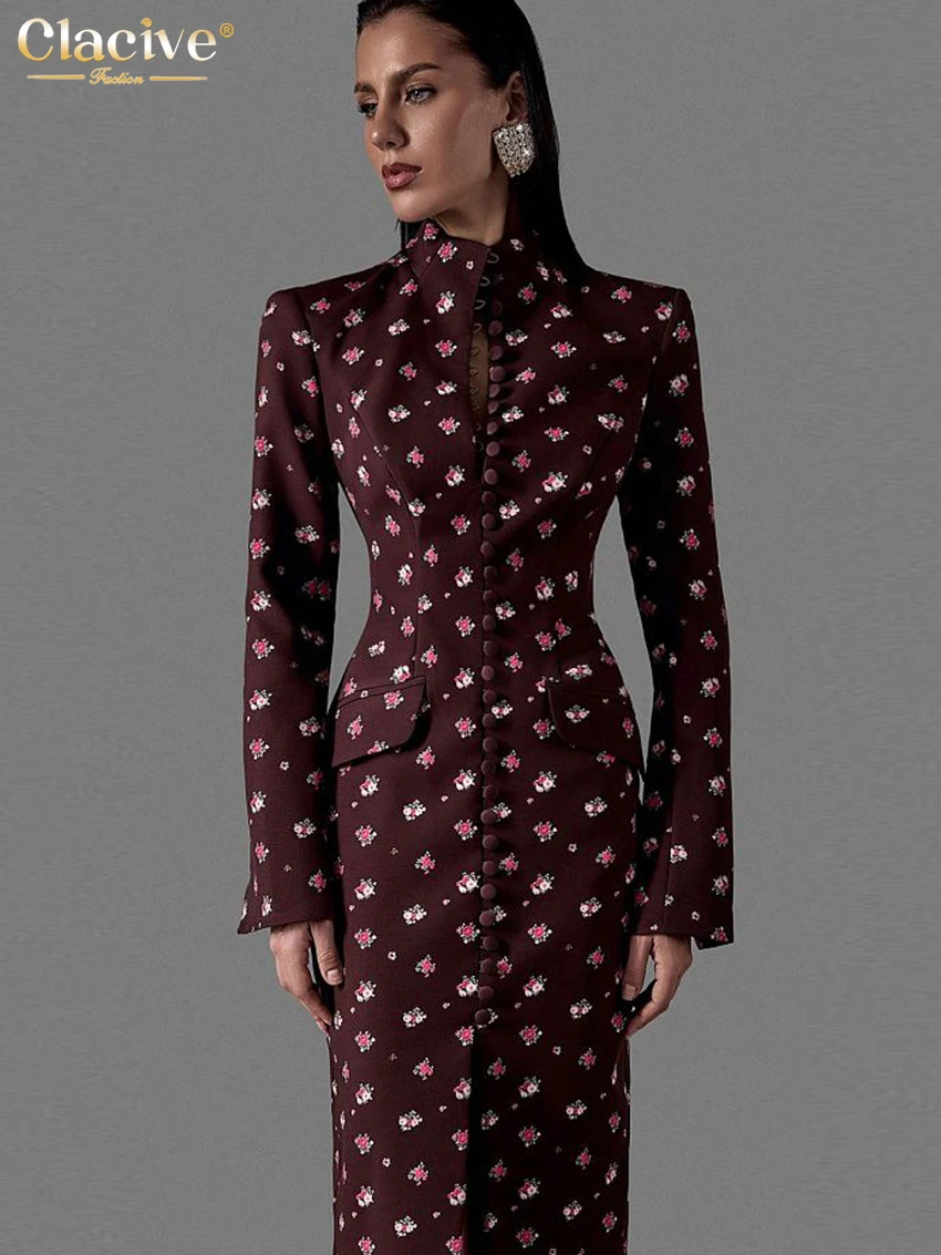 Clacive Fashion Slim Print Women's Dress 2026 Vintage Stand Collar Long Sleeve Midi Dresses Elegant Classic Slit Femlae Dress