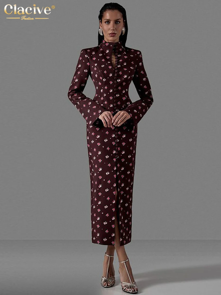 Clacive Fashion Slim Print Women's Dress 2026 Vintage Stand Collar Long Sleeve Midi Dresses Elegant Classic Slit Femlae Dress