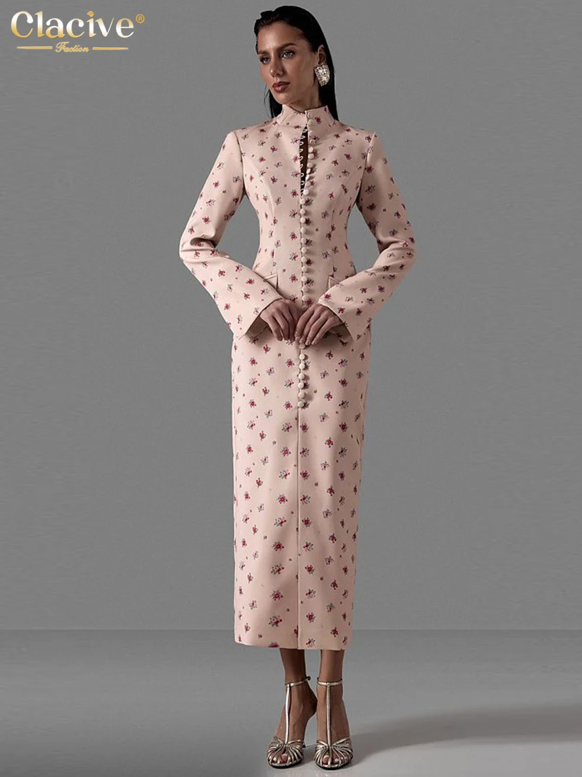 Clacive Fashion Slim Print Women's Dress 2026 Vintage Stand Collar Long Sleeve Midi Dresses Elegant Classic Slit Femlae Dress