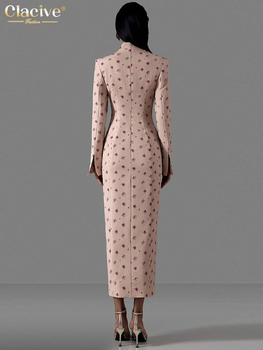 Clacive Fashion Slim Print Women's Dress 2026 Vintage Stand Collar Long Sleeve Midi Dresses Elegant Classic Slit Femlae Dress