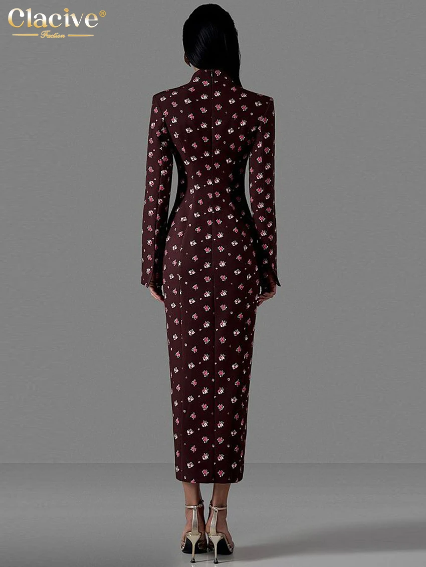 Clacive Fashion Slim Print Women's Dress 2026 Vintage Stand Collar Long Sleeve Midi Dresses Elegant Classic Slit Femlae Dress