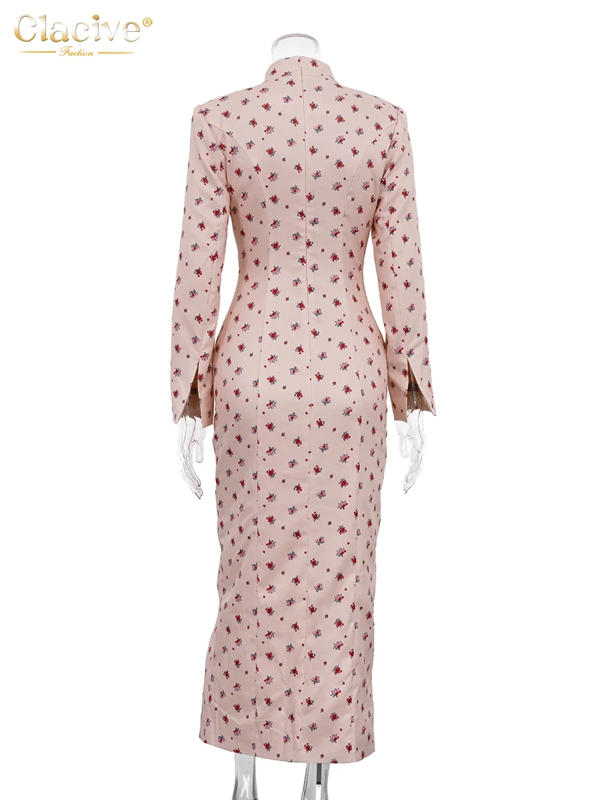 Clacive Fashion Slim Print Women's Dress 2026 Vintage Stand Collar Long Sleeve Midi Dresses Elegant Classic Slit Femlae Dress
