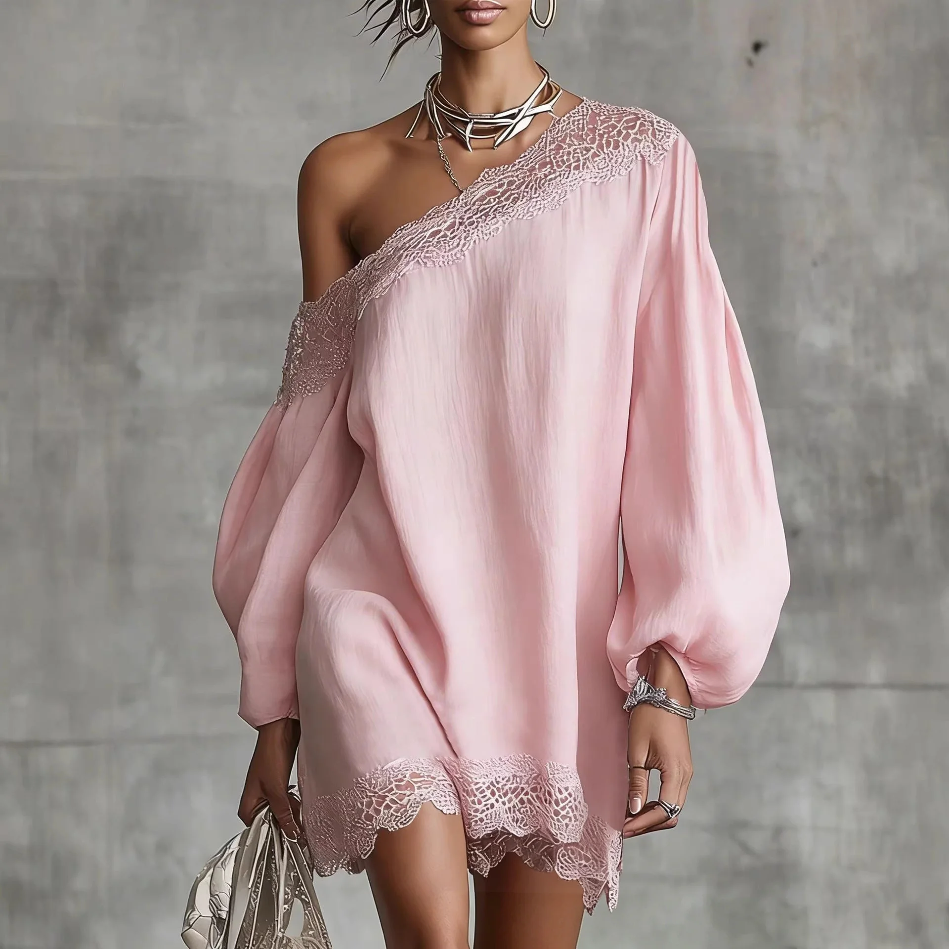 Elegant Lace Trim Mini Dress For Women Off Shoulder Long Puff Sleeves Fashion Date Night Evening Short Dresses Vestidos