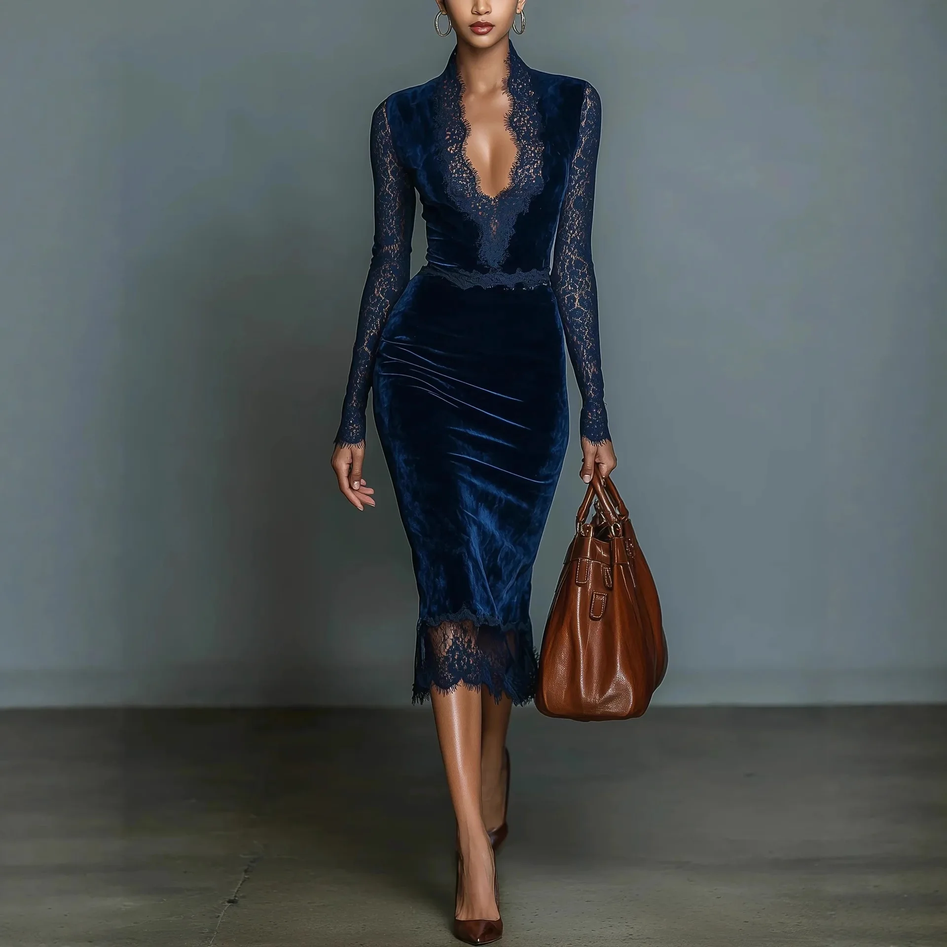Elegant Women's Slim Dress Sexy Lece Sleeve Hollow Out Velvet Lace Splice Party Evening Vintage Casual Midi Dress for Spring