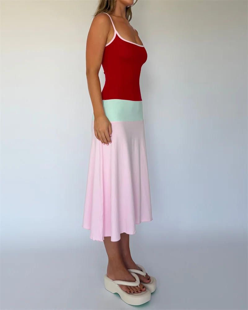 Blifanbo Constrast Color Sexy Maxi Dress Women Spaghetti Strap Bodycon Sleeveless Backless Casual Lholiday Dress Spring Summer