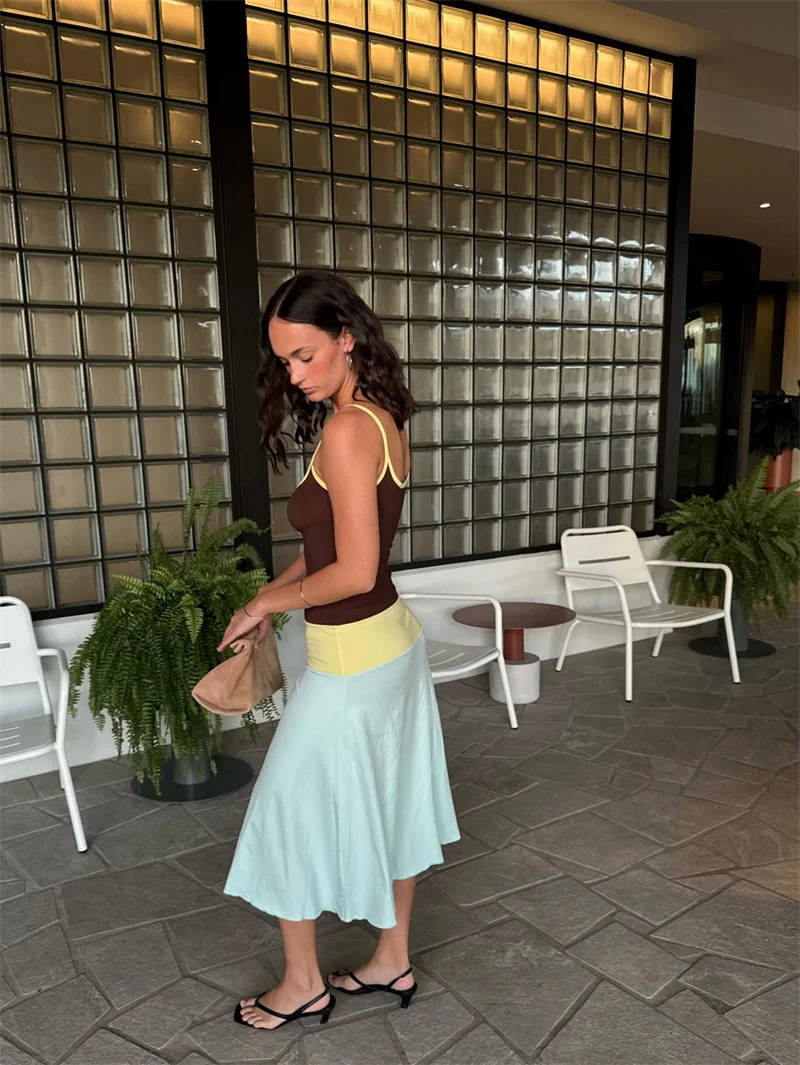 Blifanbo Constrast Color Sexy Maxi Dress Women Spaghetti Strap Bodycon Sleeveless Backless Casual Lholiday Dress Spring Summer