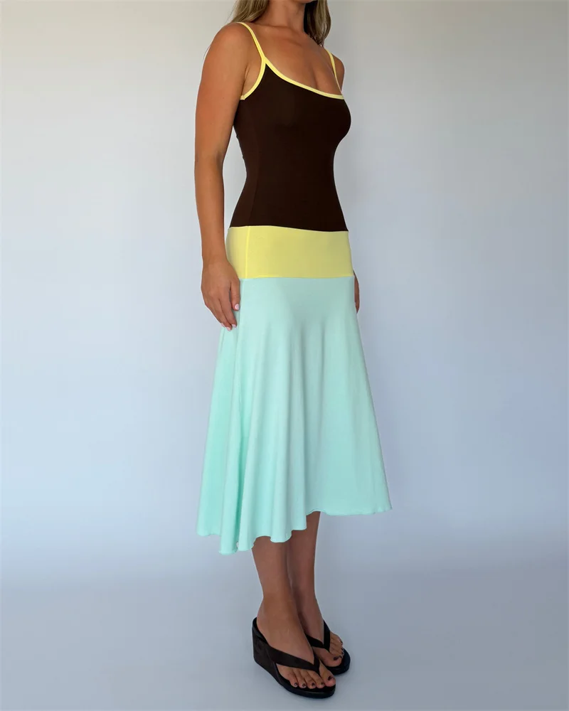 Blifanbo Constrast Color Sexy Maxi Dress Women Spaghetti Strap Bodycon Sleeveless Backless Casual Lholiday Dress Spring Summer