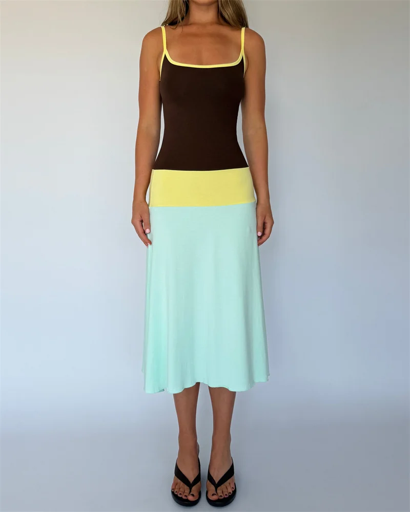 Blifanbo Constrast Color Sexy Maxi Dress Women Spaghetti Strap Bodycon Sleeveless Backless Casual Lholiday Dress Spring Summer