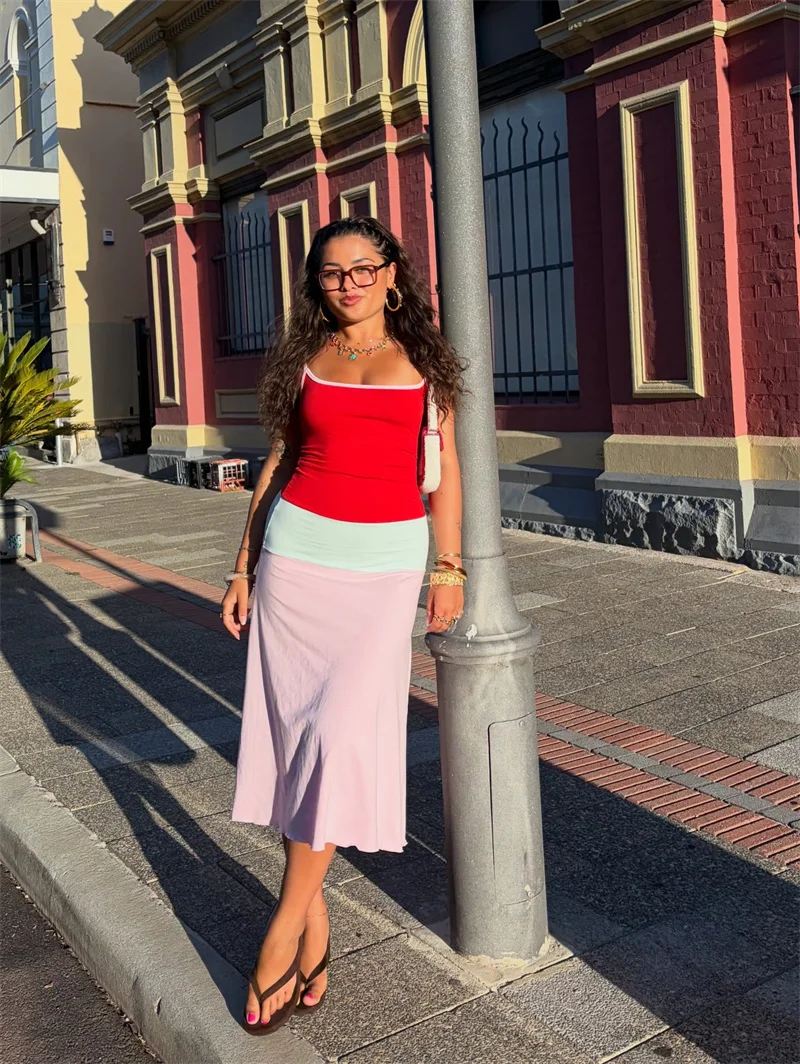 Blifanbo Constrast Color Sexy Maxi Dress Women Spaghetti Strap Bodycon Sleeveless Backless Casual Lholiday Dress Spring Summer