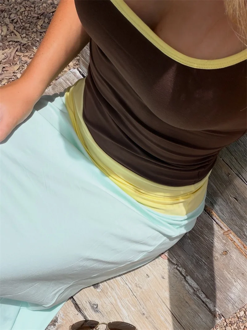 Blifanbo Constrast Color Sexy Maxi Dress Women Spaghetti Strap Bodycon Sleeveless Backless Casual Lholiday Dress Spring Summer