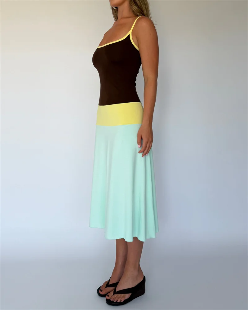 Blifanbo Constrast Color Sexy Maxi Dress Women Spaghetti Strap Bodycon Sleeveless Backless Casual Lholiday Dress Spring Summer