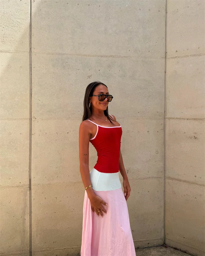 Blifanbo Constrast Color Sexy Maxi Dress Women Spaghetti Strap Bodycon Sleeveless Backless Casual Lholiday Dress Spring Summer