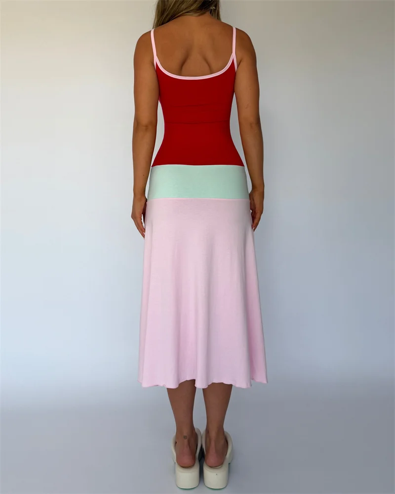 Blifanbo Constrast Color Sexy Maxi Dress Women Spaghetti Strap Bodycon Sleeveless Backless Casual Lholiday Dress Spring Summer