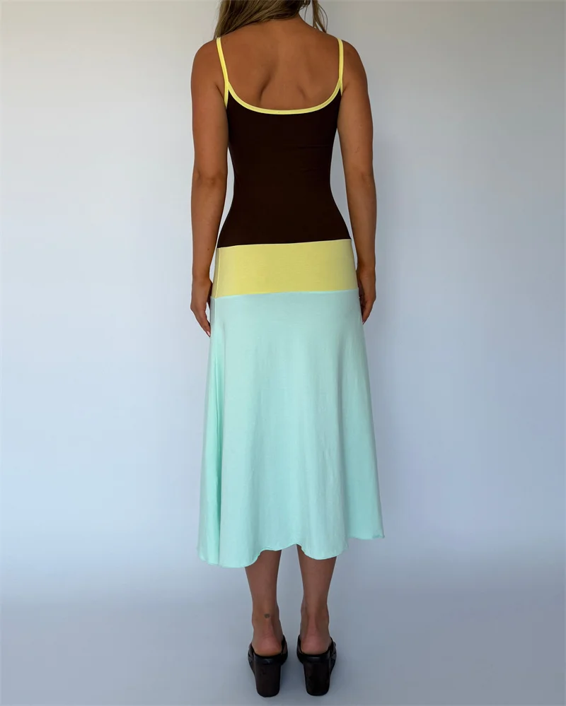Blifanbo Constrast Color Sexy Maxi Dress Women Spaghetti Strap Bodycon Sleeveless Backless Casual Lholiday Dress Spring Summer