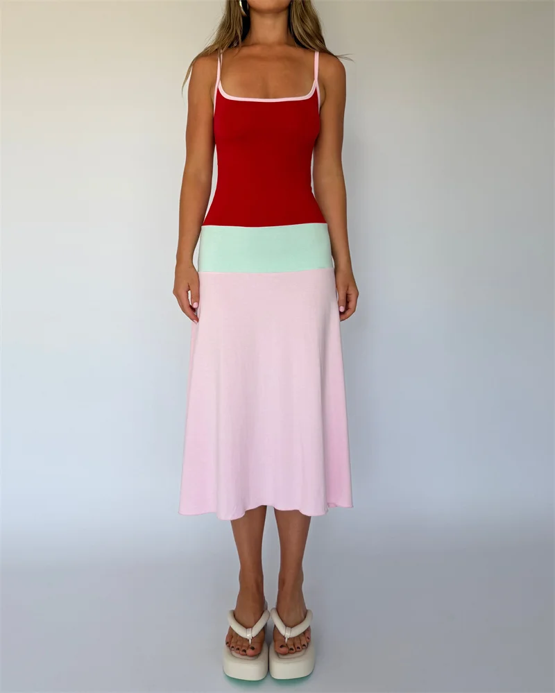 Blifanbo Constrast Color Sexy Maxi Dress Women Spaghetti Strap Bodycon Sleeveless Backless Casual Lholiday Dress Spring Summer