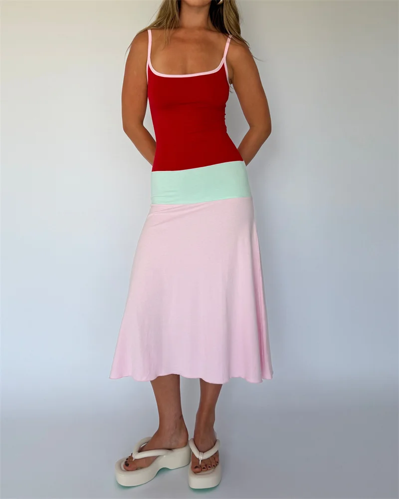 Blifanbo Constrast Color Sexy Maxi Dress Women Spaghetti Strap Bodycon Sleeveless Backless Casual Lholiday Dress Spring Summer