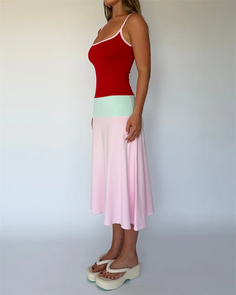 Blifanbo Constrast Color Sexy Maxi Dress Women Spaghetti Strap Bodycon Sleeveless Backless Casual Lholiday Dress Spring Summer