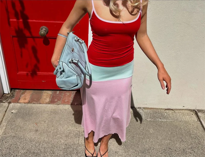 Blifanbo Constrast Color Sexy Maxi Dress Women Spaghetti Strap Bodycon Sleeveless Backless Casual Lholiday Dress Spring Summer
