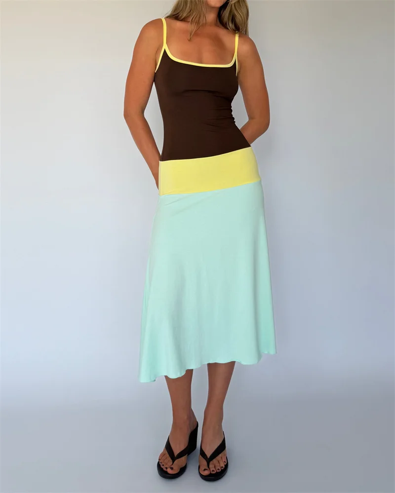 Blifanbo Constrast Color Sexy Maxi Dress Women Spaghetti Strap Bodycon Sleeveless Backless Casual Lholiday Dress Spring Summer