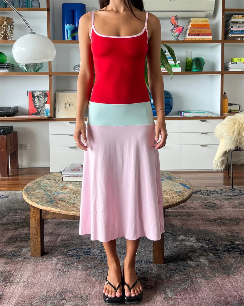 Blifanbo Constrast Color Sexy Maxi Dress Women Spaghetti Strap Bodycon Sleeveless Backless Casual Lholiday Dress Spring Summer